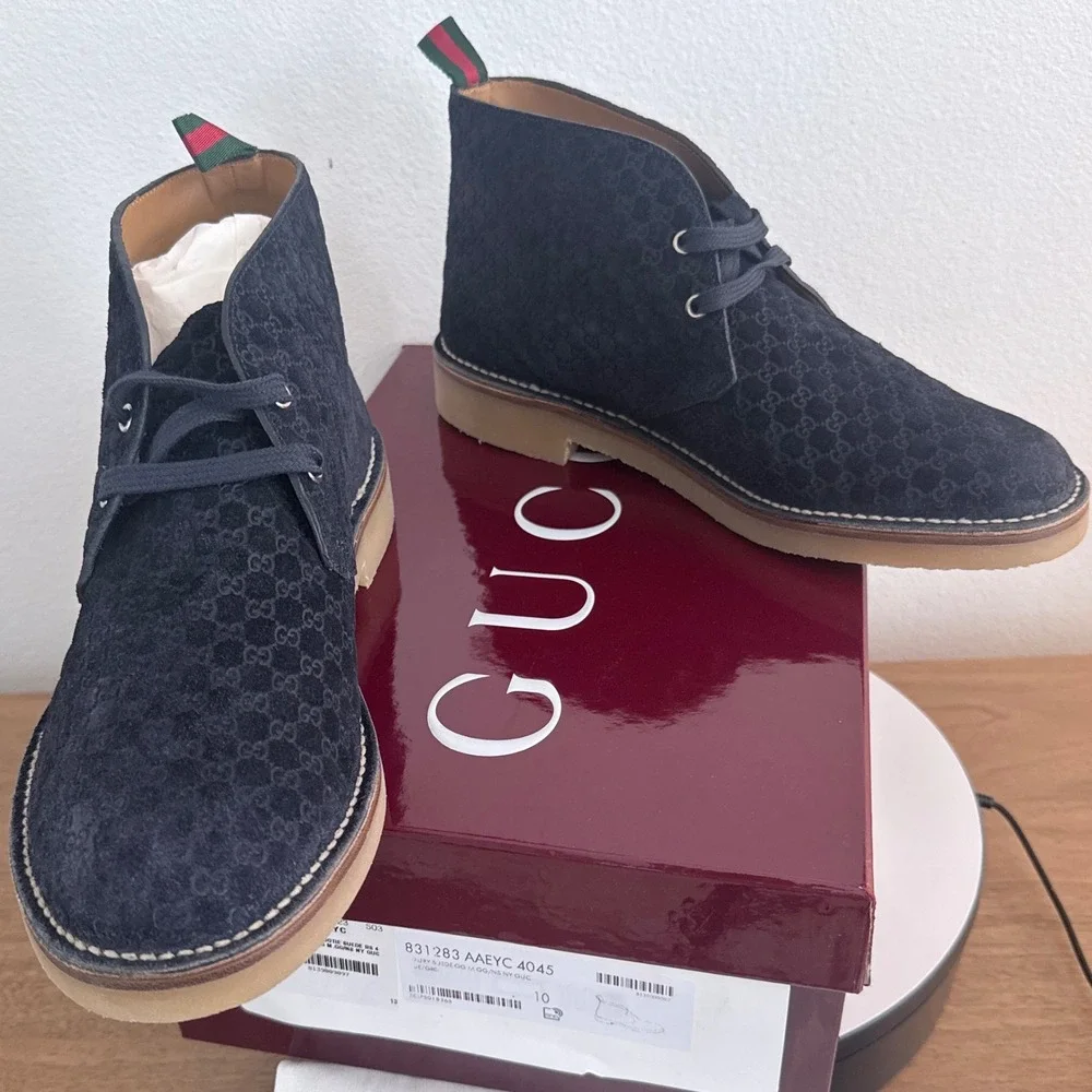 Gucci 831283 Moreau Navy Blue GG Monogram Suede Chukka Desert Boots Mens 10